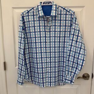 Bugatchi Uomo Shirt Mens Large White Blue Buttonup Classic Fit‎ Checkered